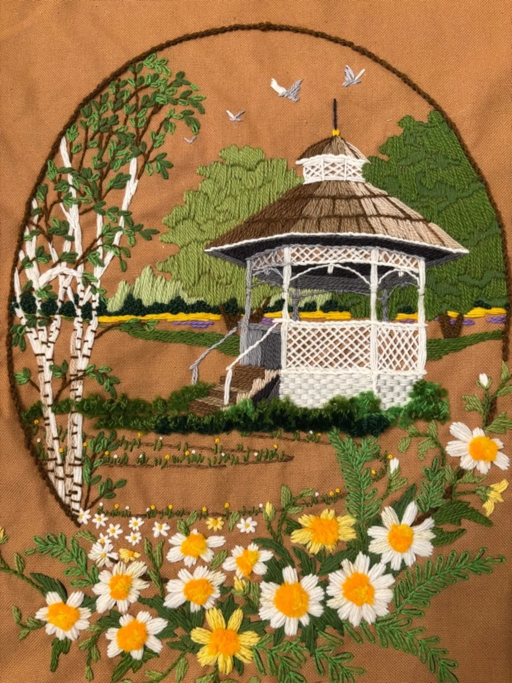 Vintage 1979 Sunset Designs Crewel Embroidery Gazebo Cottage Garden